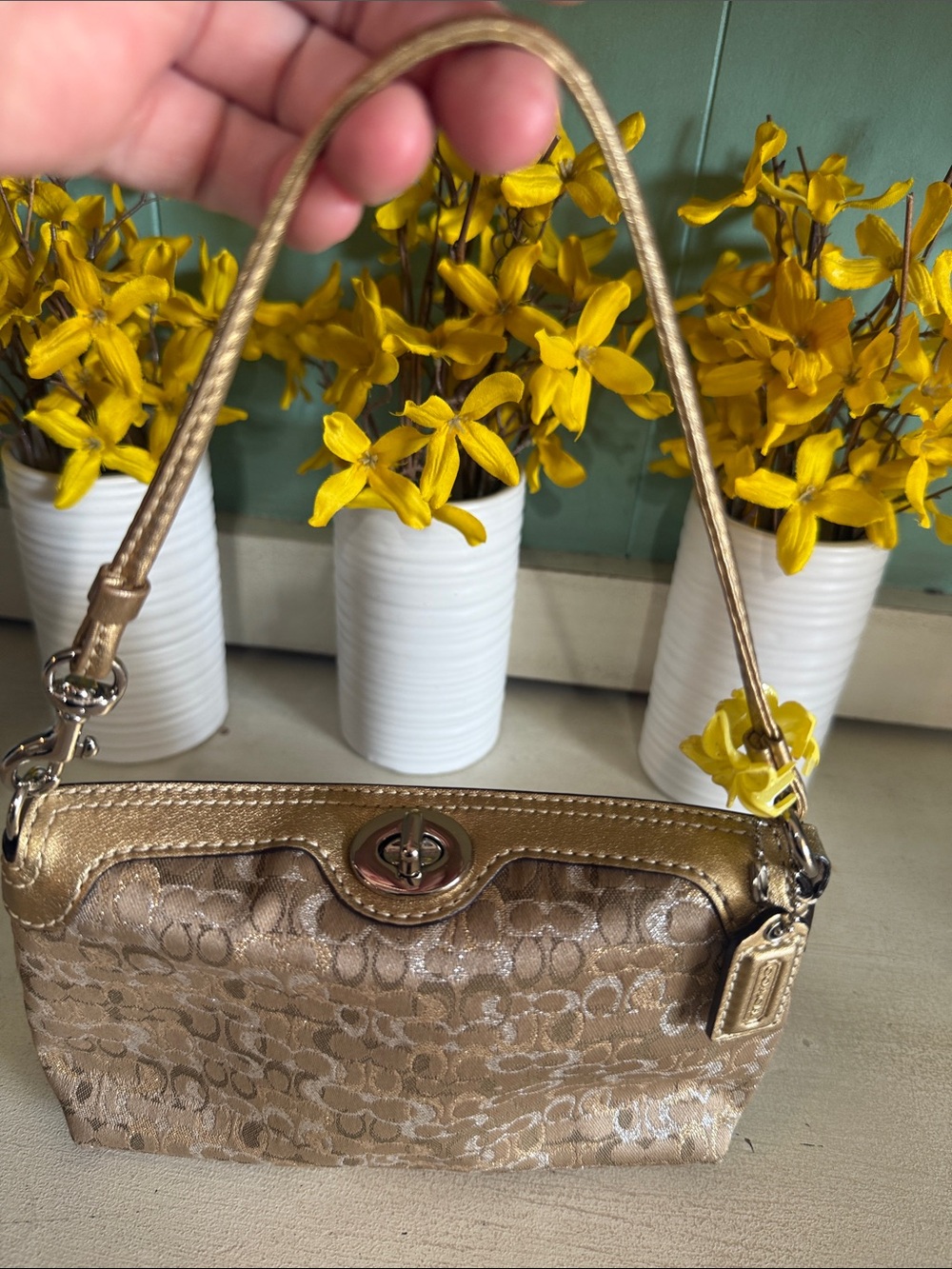Coach y2k Gold Signature Jacquard Shoulder Bag with Floral Charm - Picture 2 of 14